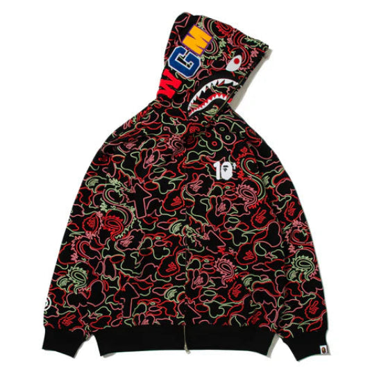 BAPE X 88Rising Glow In The Dark Camo Shark Full Zip Hoodie (RED)