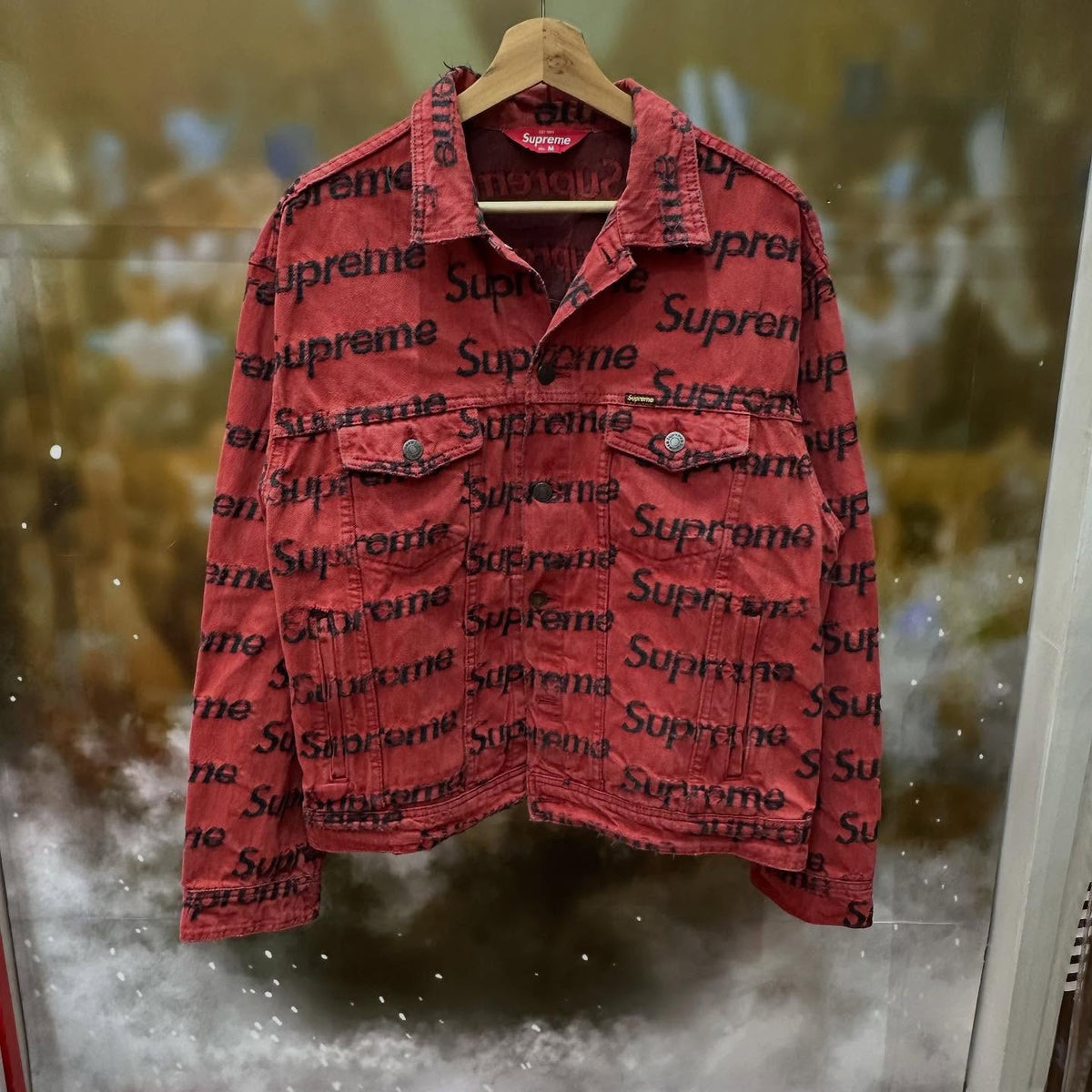Supreme Frayed Logos Denim Trucker Jacket (RED)