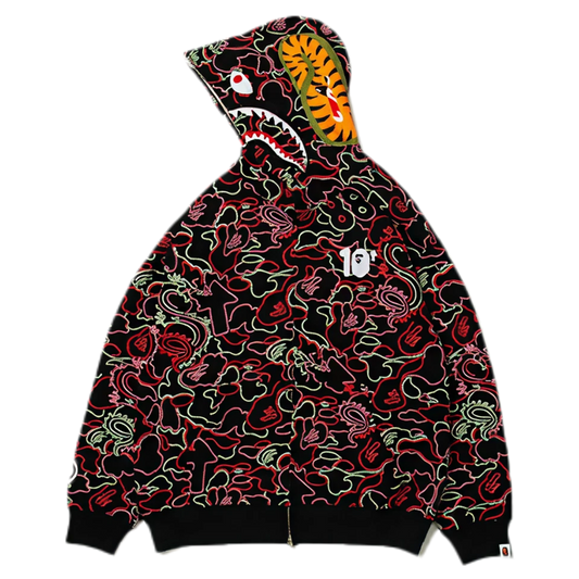 BAPE X 88Rising Glow In The Dark Camo Shark Full Zip Hoodie (RED)