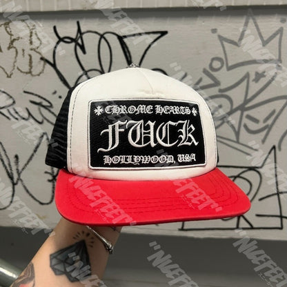 Chrome Hearts FUCK Hollywood Trucker Hat (RED/BLACK/WHITE