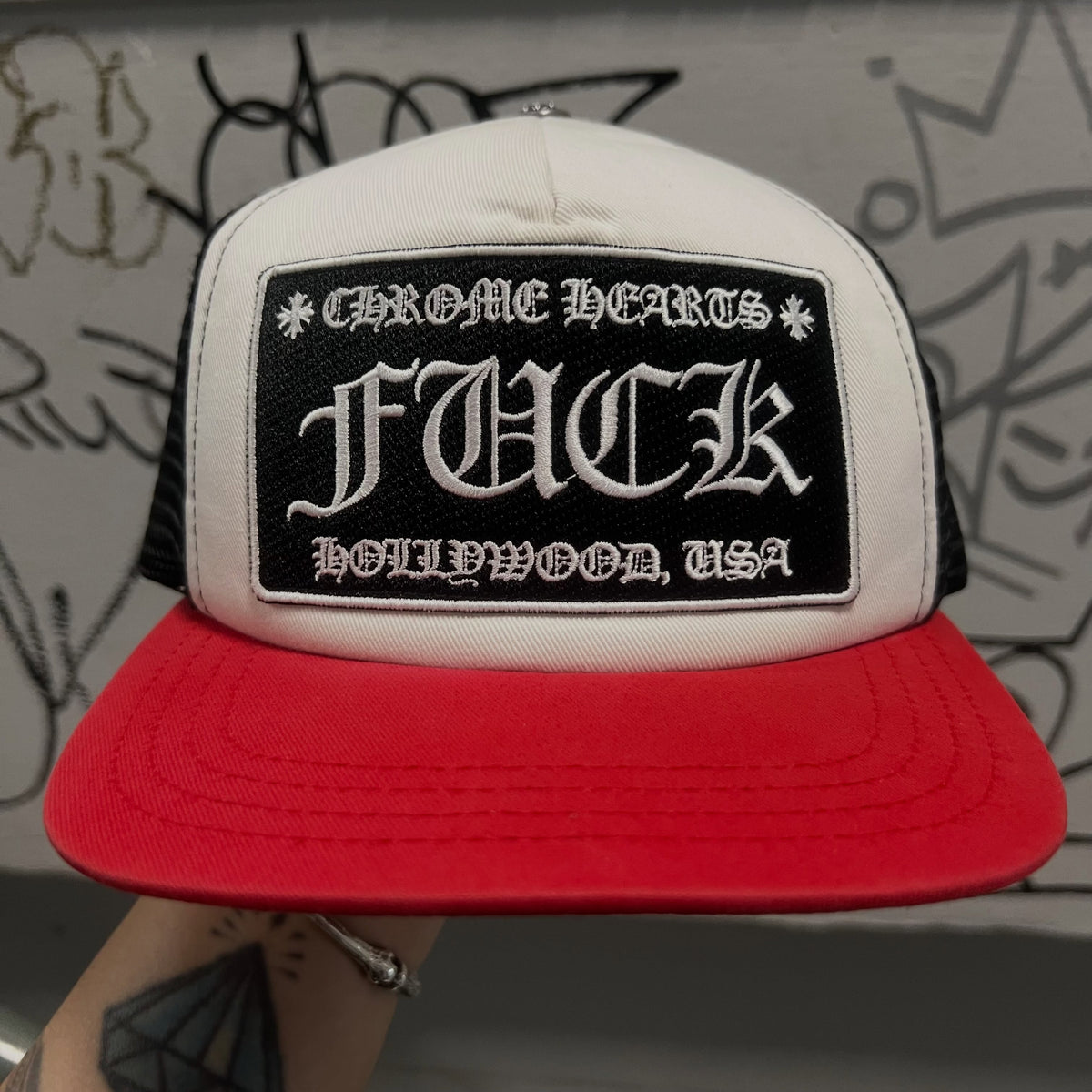 Chrome Hearts FUCK Hollywood Trucker Hat (RED/BLACK/WHITE